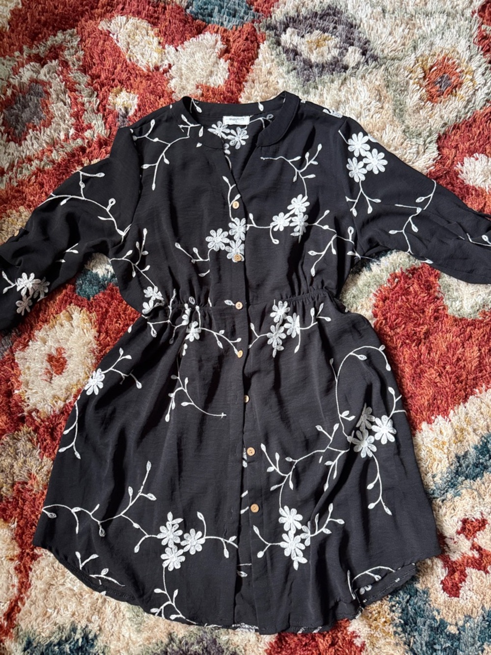 Black Floral Button-Front Mini Dress with White Embroidery